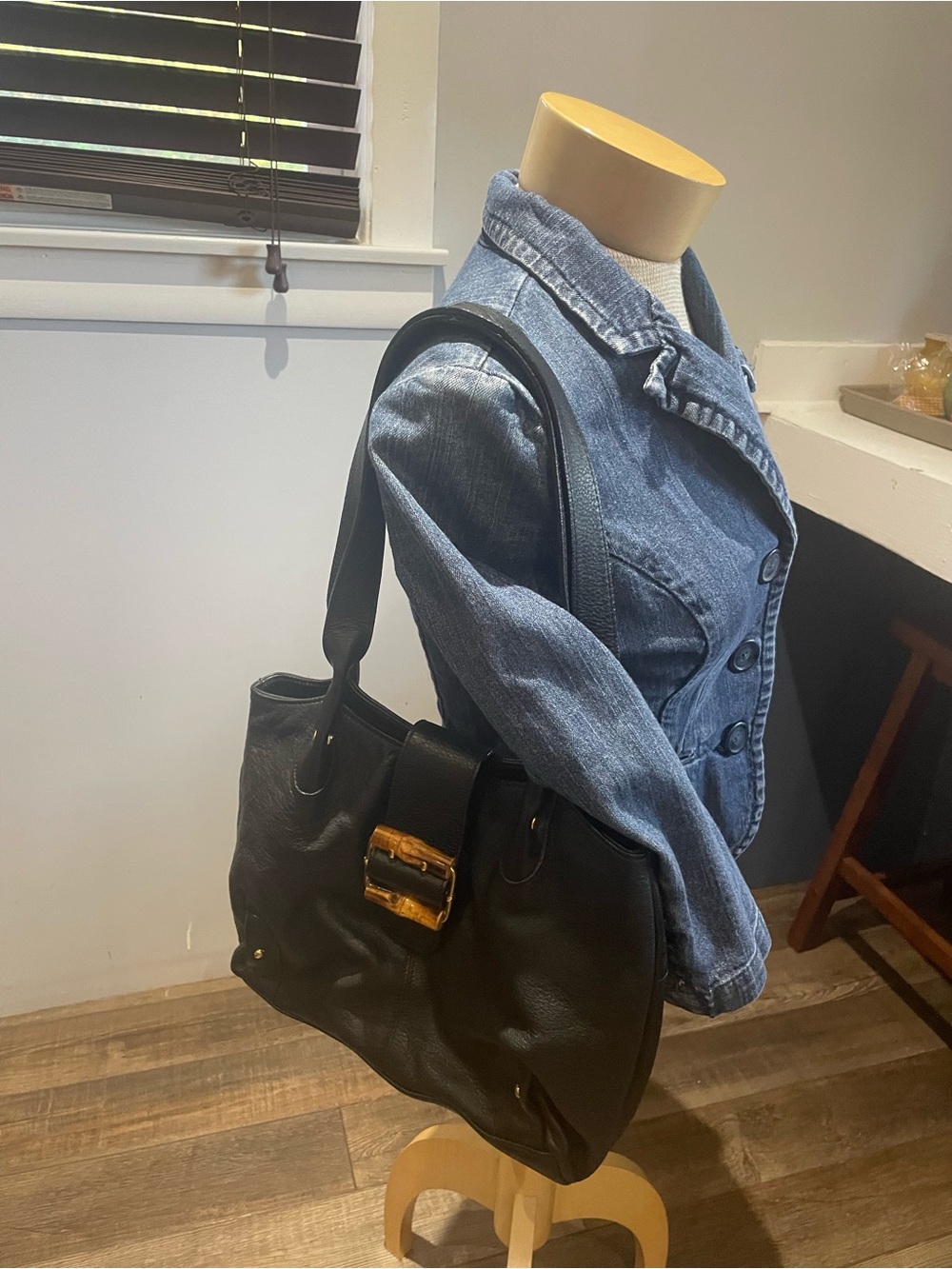 Black Pebble Leather Bamboo Buckle Double Handled Shoulder Bag Stone Mountain